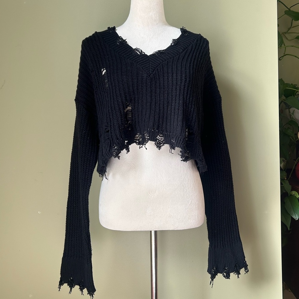 PrettyLittleThing Black Distressed Cropped Knit Sweater